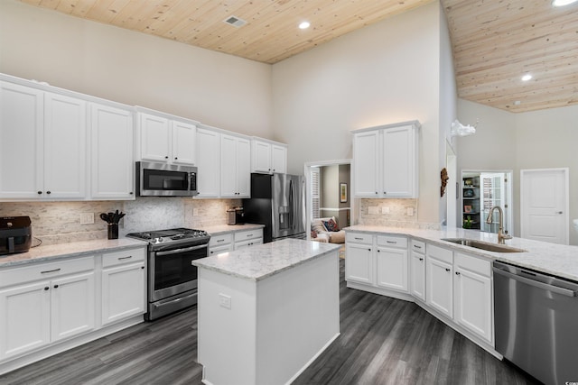 3647 Diamond Stars Way, Little River, SC 29566 - kitchen with stainless steel appliances, high vaulted ceiling, wooden ceiling, recessed lighting, and white cabinets