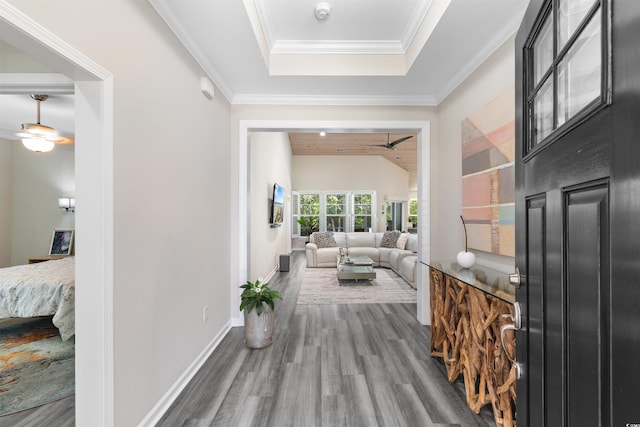 3647 Diamond Stars Way, Little River, SC 29566 - entryway featuring wood finished floors, a ceiling fan, a tray ceiling, and crown molding
