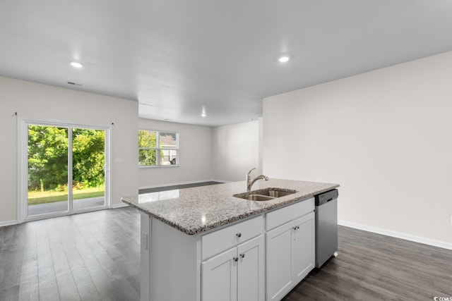 1128 Sennema Cir, Myrtle Beach, SC 29588 - kitchen with dishwasher, dark wood-style floors, light stone countertops, a kitchen island with sink, and recessed lighting