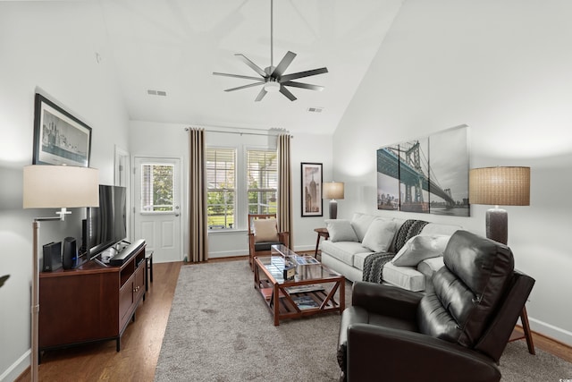 310 Lockerbie Ct Unit 1057, Myrtle Beach, SC 29577 - living room with ceiling fan, wood finished floors, and high vaulted ceiling