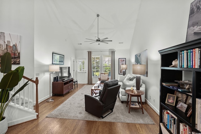 310 Lockerbie Ct Unit 1057, Myrtle Beach, SC 29577 - living area with high vaulted ceiling, wood finished floors, ceiling fan, and stairway