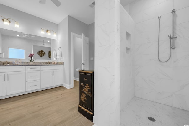 932 Abernathy Pl, Surfside Beach, SC 29575 - full bath with a ceiling fan, double vanity, walk in shower, and wood finished floors