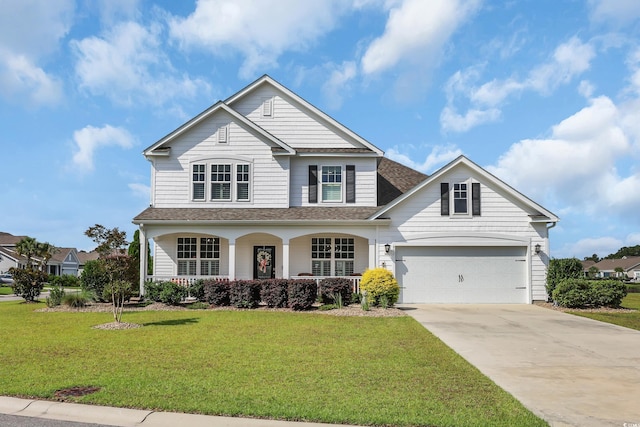 932 Abernathy Pl, Surfside Beach, SC 29575 - traditional-style home with a porch, concrete driveway, a front yard, and a shingled roof
