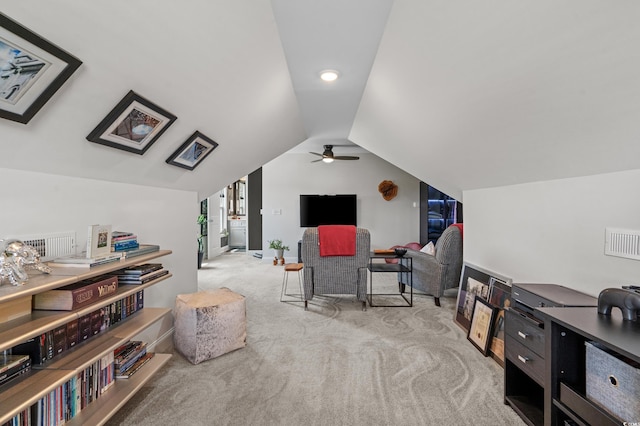 752 Hobonny Loop, Longs, SC 29568 - living area with carpet, vaulted ceiling, and a ceiling fan