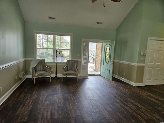 1028 Cherry Tree Ln, North Myrtle Beach, SC 29582 - living area featuring wood finished floors, ceiling fan, and high vaulted ceiling