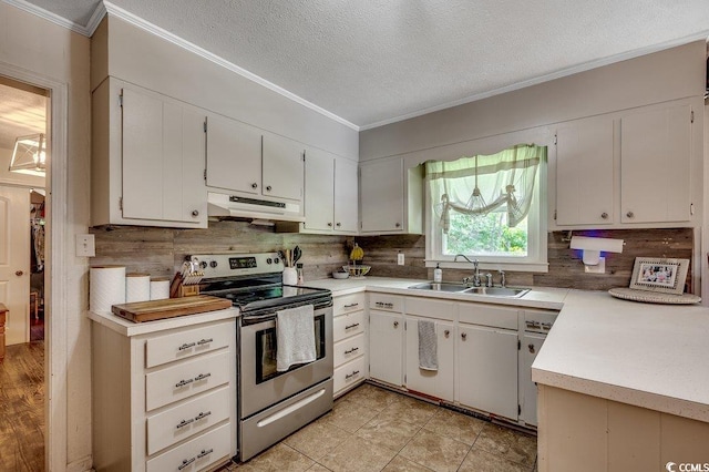 4189 Schoolhouse Cir, Little River, SC 29566 - kitchen with stainless steel range with electric stovetop, under cabinet range hood, crown molding, light countertops, and tasteful backsplash