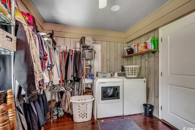 4189 Schoolhouse Cir, Little River, SC 29566 - washroom featuring washer and clothes dryer, wood finished floors, wood walls, and crown molding
