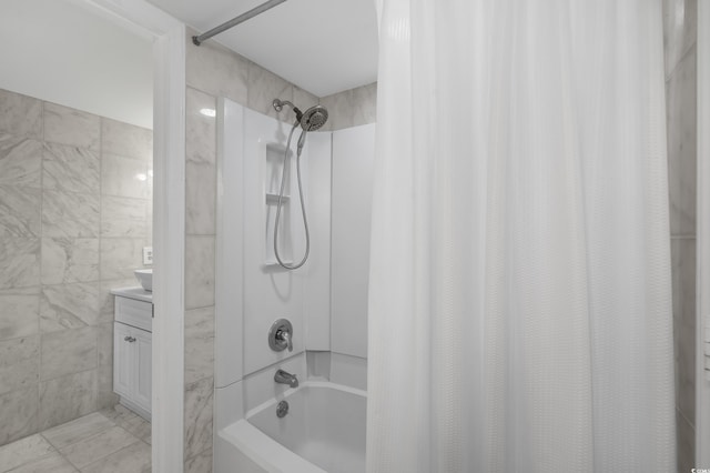 5511 N Ocean Blvd Unit 1801, Myrtle Beach, SC 29577 - full bathroom featuring shower / bathtub combination with curtain, vanity, and tile walls