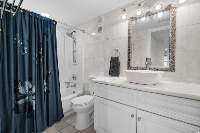 5511 N Ocean Blvd Unit 1801, Myrtle Beach, SC 29577 - bathroom with tile walls, vanity, shower / tub combo with curtain, tile patterned flooring, and decorative backsplash