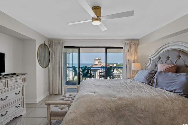5511 N Ocean Blvd Unit 1801, Myrtle Beach, SC 29577 - bedroom featuring access to exterior, light tile patterned floors, and ceiling fan
