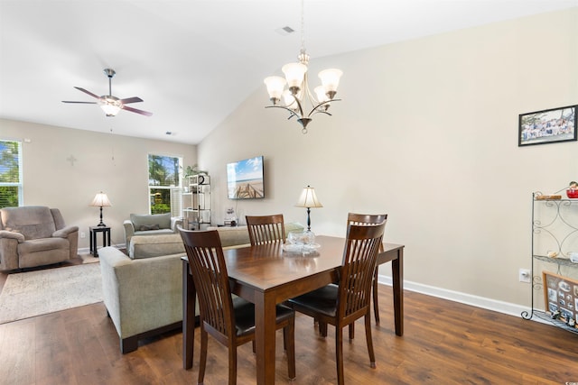 413 Goldenrod Cir Unit 2B, Little River, SC 29566 - dining room featuring plenty of natural light, dark wood-style flooring, lofted ceiling, and ceiling fan