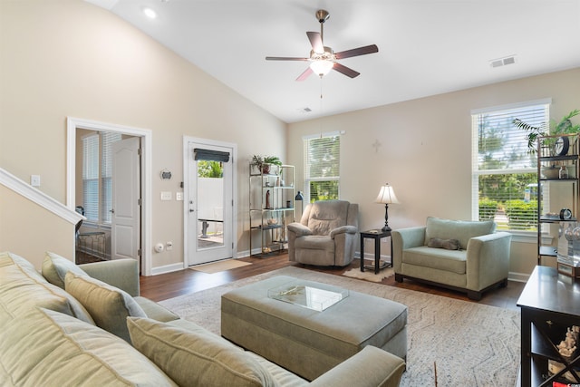 413 Goldenrod Cir Unit 2B, Little River, SC 29566 - living room with healthy amount of natural light, a ceiling fan, wood finished floors, and vaulted ceiling