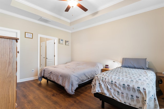 413 Goldenrod Cir Unit 2B, Little River, SC 29566 - bedroom with a raised ceiling, wood-type flooring, ornamental molding, and a ceiling fan