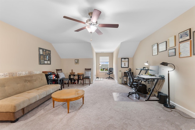 413 Goldenrod Cir Unit 2B, Little River, SC 29566 - home office featuring carpet, a ceiling fan, and vaulted ceiling