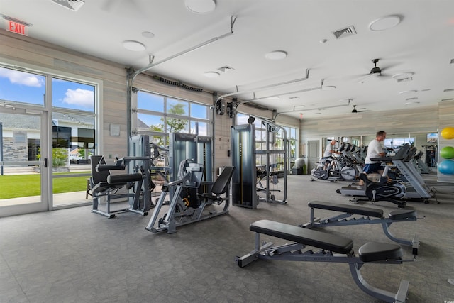 413 Goldenrod Cir Unit 2B, Little River, SC 29566 - gym featuring ceiling fan and wooden walls