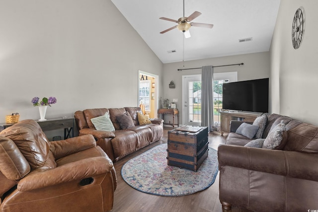 232 White Water Loop, Conway, SC 29526 - living area with ceiling fan, high vaulted ceiling, and wood finished floors