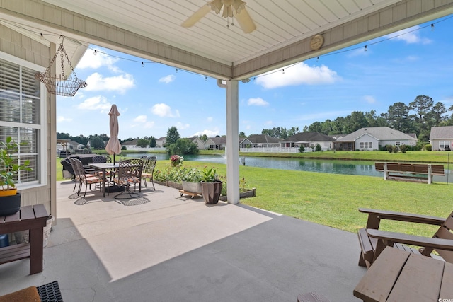 232 White Water Loop, Conway, SC 29526 - view of patio / terrace featuring a water view, ceiling fan, outdoor dining area, and a residential view
