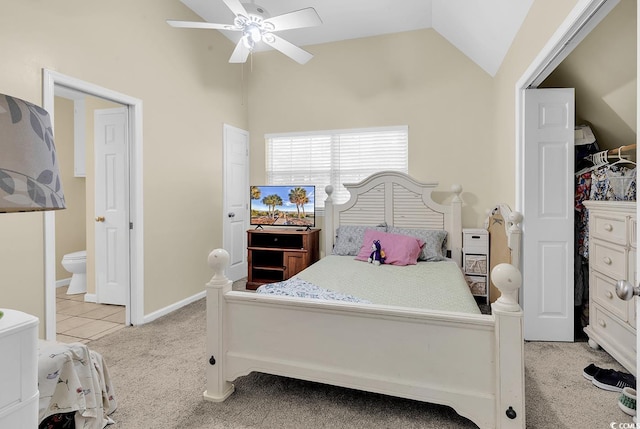 3969 Murrells Inlet Rd, Murrells Inlet, SC 29576 - bedroom featuring light colored carpet, lofted ceiling, ceiling fan, and connected bathroom