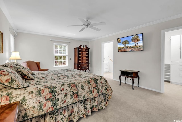 241 Black Duck Rd, Pawleys Island, SC 29585 - bedroom with crown molding, light carpet, ceiling fan, and connected bathroom