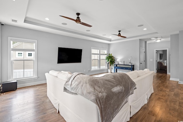 277 Splendor Cir, Murrells Inlet, SC 29576 - living room featuring a raised ceiling, a ceiling fan, wood-type flooring, and recessed lighting