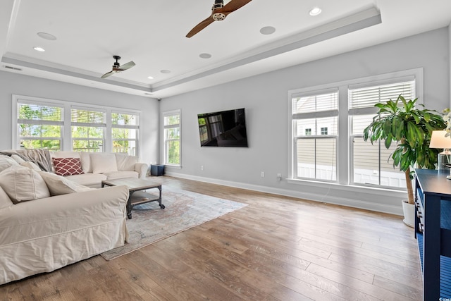 277 Splendor Cir, Murrells Inlet, SC 29576 - living room featuring ceiling fan, a raised ceiling, wood finished floors, and recessed lighting