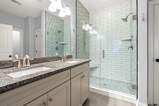 277 Splendor Cir, Murrells Inlet, SC 29576 - bathroom with a shower stall, double vanity, and tile patterned flooring