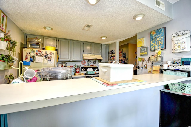 1025 Plantation Dr Unit 2413/2414, Little River, SC 29566 - kitchen featuring under cabinet range hood, a peninsula, range with electric stovetop, a textured ceiling, and light countertops