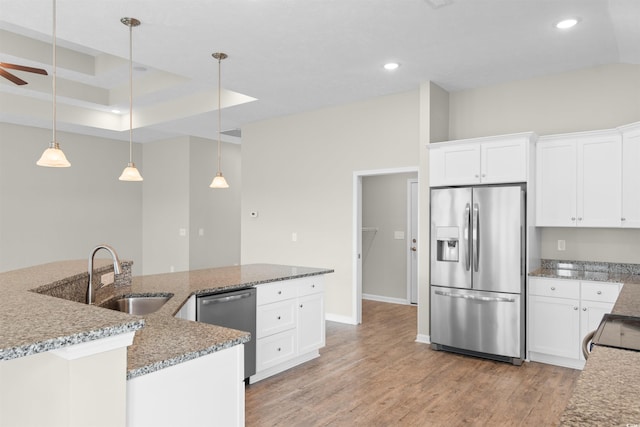 347 Leste Rd, Myrtle Beach, SC 29588 - kitchen featuring appliances with stainless steel finishes, light wood-style floors, recessed lighting, white cabinetry, and hanging light fixtures