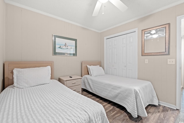 5601 N Ocean Blvd Unit B-314, Myrtle Beach, SC 29577 - bedroom with wood finished floors, ornamental molding, a closet, and ceiling fan
