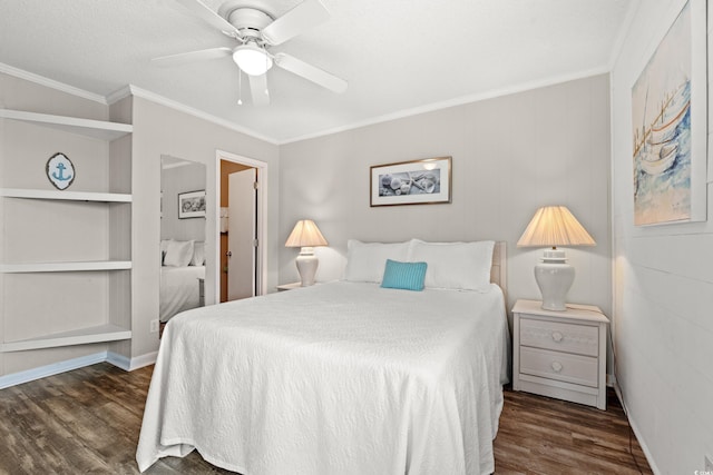 5601 N Ocean Blvd Unit B-314, Myrtle Beach, SC 29577 - bedroom featuring dark wood-type flooring, ornamental molding, and ceiling fan