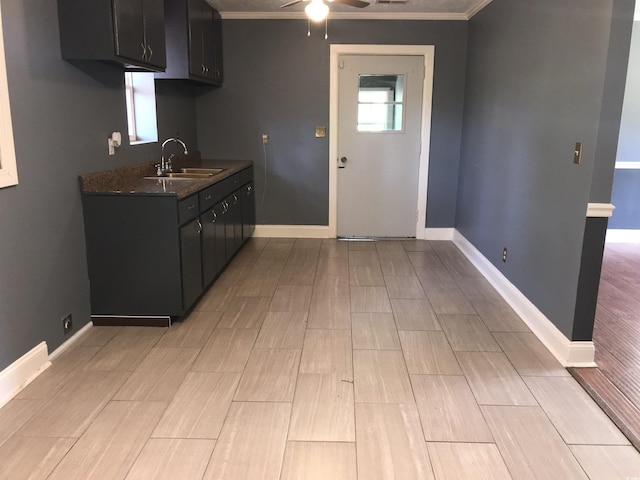 3110 Pinewood Dr, Loris, SC 29569 - kitchen with ornamental molding, ceiling fan, dark cabinets, and light wood finished floors