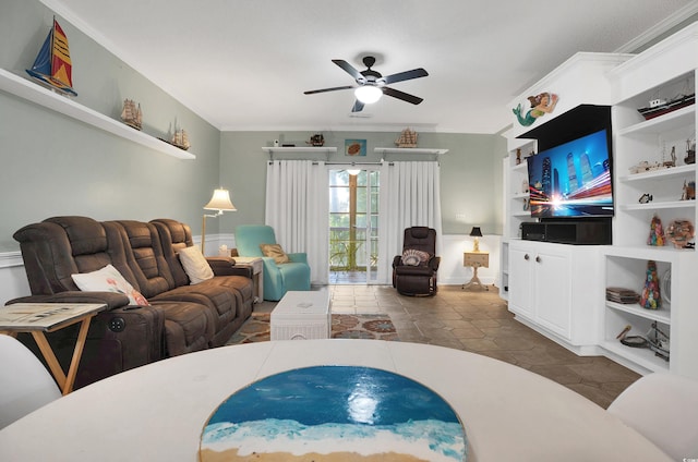 4221 Hibiscus Dr Unit 8-203, Little River, SC 29566 - living room featuring ornamental molding, built in features, and ceiling fan