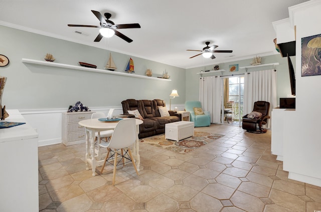 4221 Hibiscus Dr Unit 8-203, Little River, SC 29566 - living room featuring a ceiling fan, ornamental molding, and wainscoting