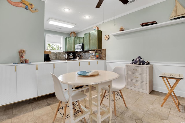 4221 Hibiscus Dr Unit 8-203, Little River, SC 29566 - dining room with ornamental molding, ceiling fan, a wainscoted wall, and recessed lighting
