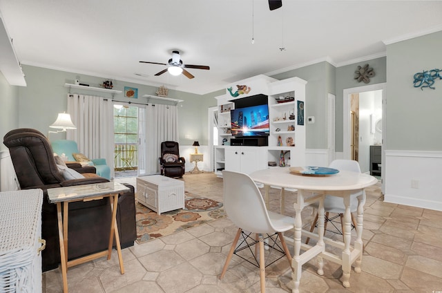 4221 Hibiscus Dr Unit 8-203, Little River, SC 29566 - dining room with a ceiling fan, crown molding, and a wainscoted wall