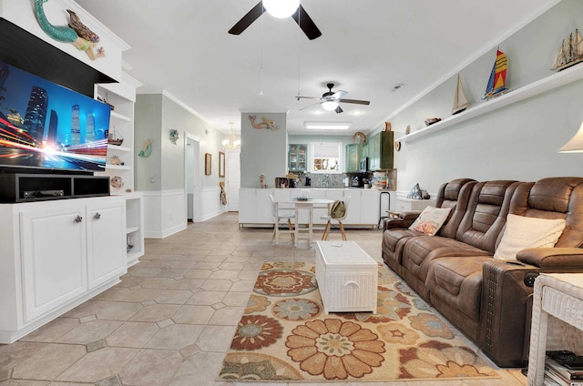 4221 Hibiscus Dr Unit 8-203, Little River, SC 29566 - living room with a ceiling fan, ornamental molding, light tile patterned floors, and built in shelves