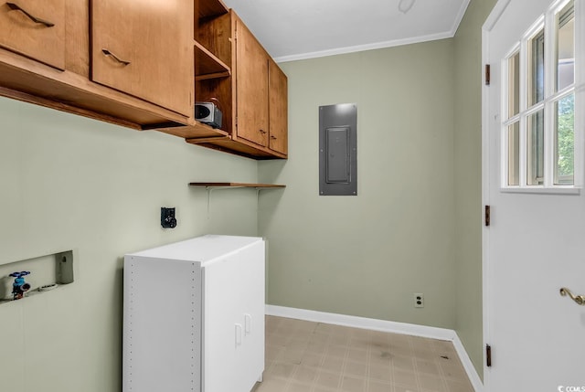 823 Bellamy Ave, Murrells Inlet, SC 29576 - washroom with electric panel, cabinet space, light flooring, electric dryer hookup, and crown molding
