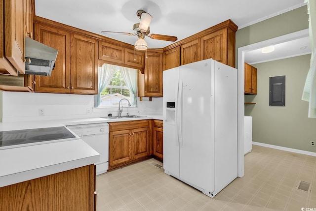 823 Bellamy Ave, Murrells Inlet, SC 29576 - kitchen with white appliances, electric panel, ventilation hood, ceiling fan, and light floors