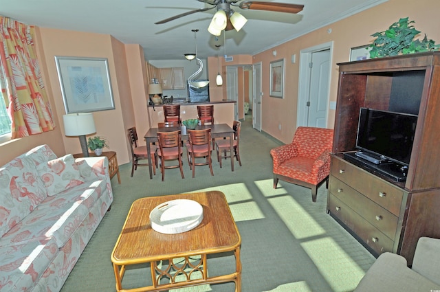 3500 N Ocean Blvd Unit 701-702, North Myrtle Beach, SC 29582 - living room featuring light colored carpet, ceiling fan, and ornamental molding