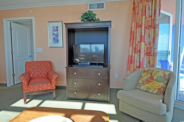 3500 N Ocean Blvd Unit 701-702, North Myrtle Beach, SC 29582 - living room with crown molding and carpet floors