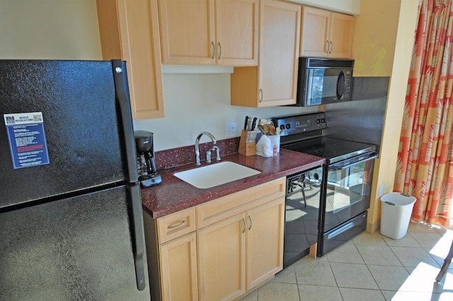 3500 N Ocean Blvd Unit 701-702, North Myrtle Beach, SC 29582 - kitchen with black appliances, light tile patterned floors, light brown cabinets, and dark stone counters