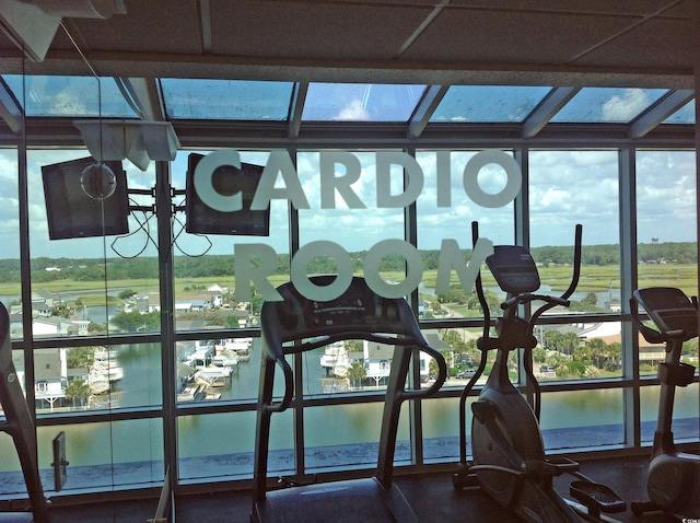 3500 N Ocean Blvd Unit 701-702, North Myrtle Beach, SC 29582 - exercise room with a water view and floor to ceiling windows