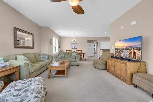 601 N Hillside Dr Unit 3926, North Myrtle Beach, SC 29582 - living area with light colored carpet, a ceiling fan, and a chandelier