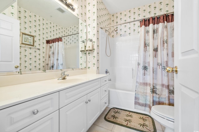 601 N Hillside Dr Unit 3926, North Myrtle Beach, SC 29582 - full bath featuring wallpapered walls, vanity, shower / bath combo, and tile patterned flooring