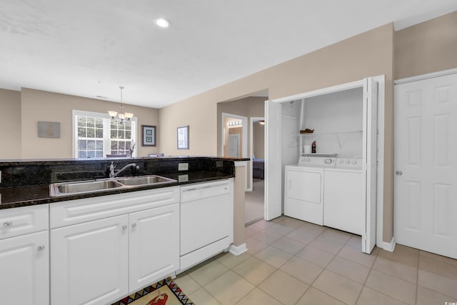 601 N Hillside Dr Unit 3926, North Myrtle Beach, SC 29582 - kitchen with dishwasher, a chandelier, white cabinets, light tile patterned flooring, and hanging light fixtures