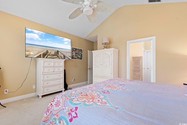 5712 Whistling Duck Dr, North Myrtle Beach, SC 29582 - bedroom with light colored carpet, a ceiling fan, and high vaulted ceiling