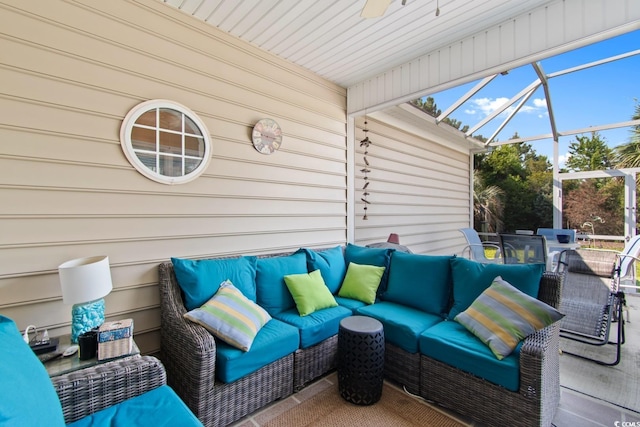 5712 Whistling Duck Dr, North Myrtle Beach, SC 29582 - view of patio with outdoor lounge area, a lanai, and a ceiling fan