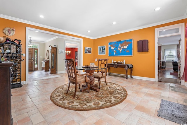 4691 Mill Pond Ct, Murrells Inlet, SC 29576 - dining space with recessed lighting, crown molding, and stone tile floors
