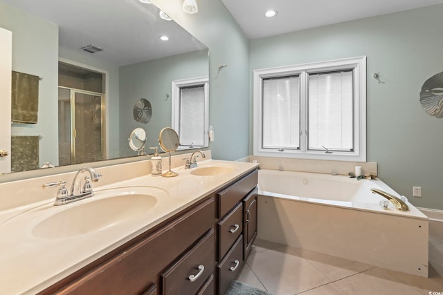 4691 Mill Pond Ct, Murrells Inlet, SC 29576 - full bath featuring a bath, a shower stall, double vanity, tile patterned flooring, and recessed lighting