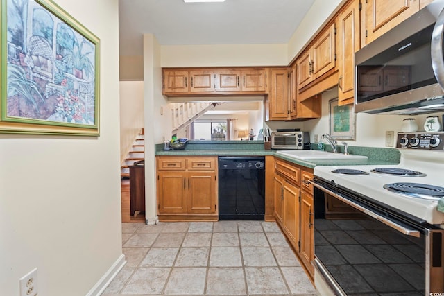 5515 N Ocean Blvd Unit 308, Myrtle Beach, SC 29577 - kitchen with white range with electric stovetop, black dishwasher, stainless steel microwave, and brown cabinets